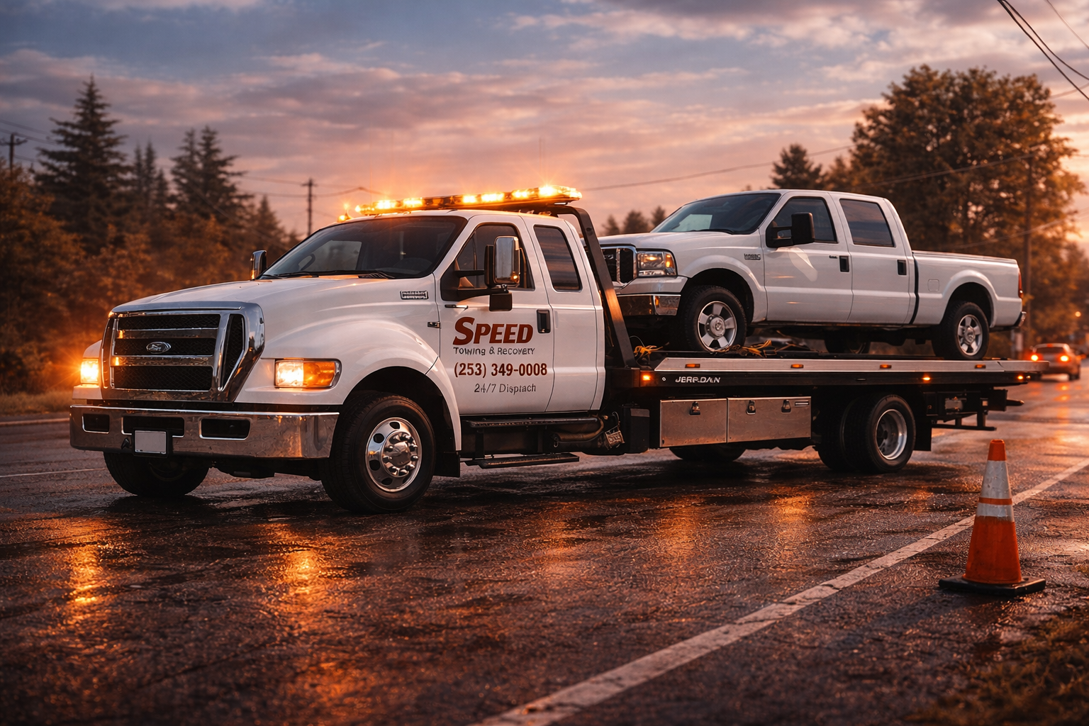 Speed Towing & Recovery flatbed towing a pickup